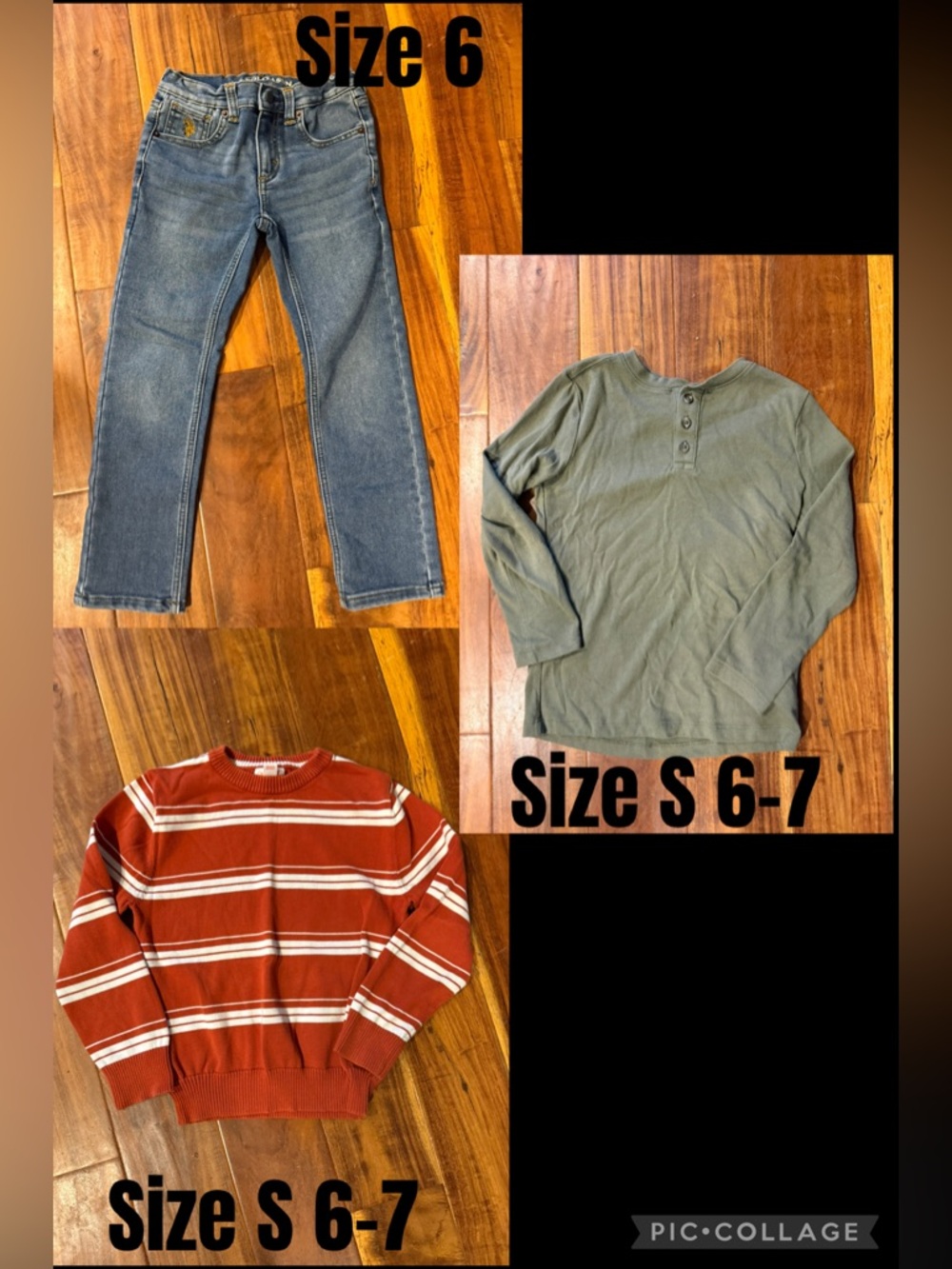 Kids Casual Set: Olive Henley, Rust Stripe Sweater & Classic Jeans